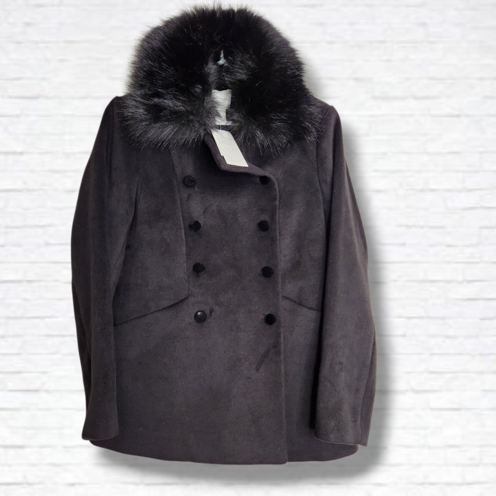 H&M Black Faux Fur Collar Double Breasted Winter Coat Size 6 NWT